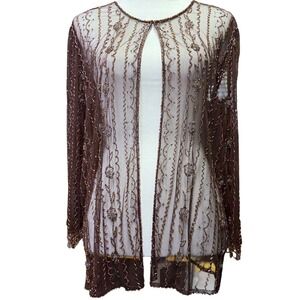 Vintage Brown Bronze Beaded Sequin Sheer Mesh Evening Cardigan XL